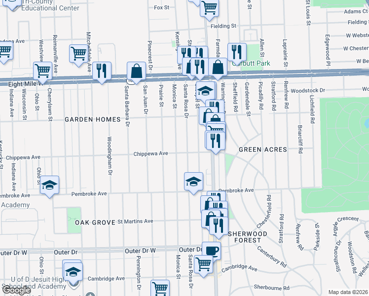 map of restaurants, bars, coffee shops, grocery stores, and more near 20051 Monica Street in Detroit