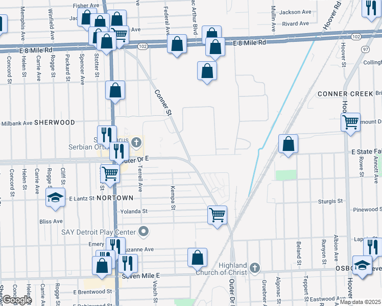 map of restaurants, bars, coffee shops, grocery stores, and more near 19930 Conner Street in Detroit