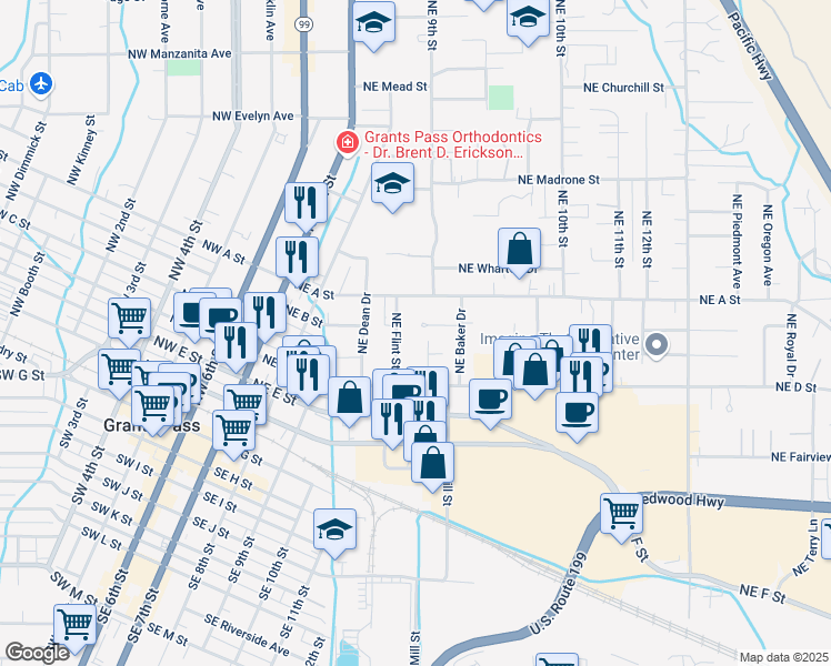 map of restaurants, bars, coffee shops, grocery stores, and more near 823 Northeast Clyde Place in Grants Pass