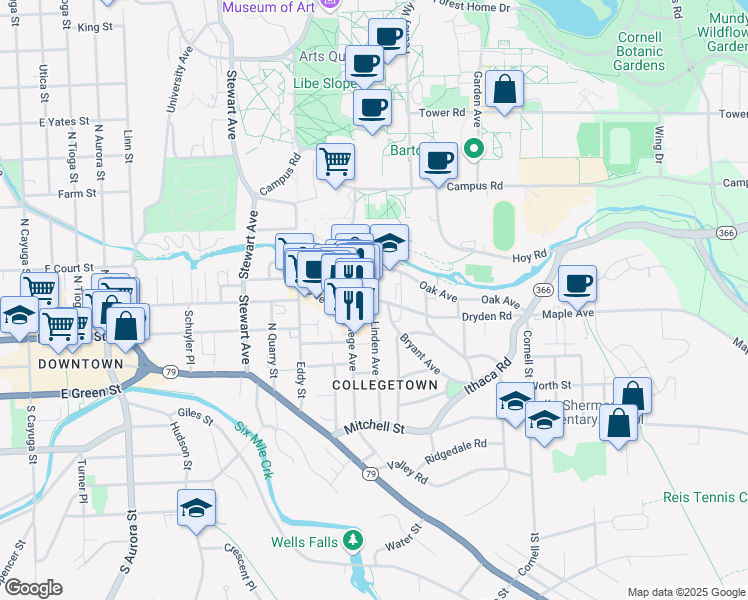 map of restaurants, bars, coffee shops, grocery stores, and more near Dryden Rd & Linden Ave in Ithaca