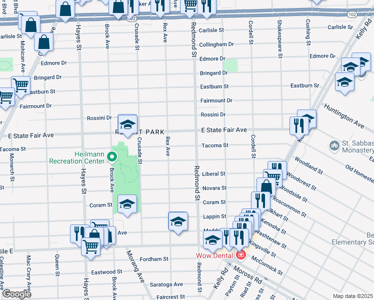 map of restaurants, bars, coffee shops, grocery stores, and more near 15880 Tacoma Street in Detroit