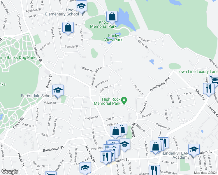 map of restaurants, bars, coffee shops, grocery stores, and more near 71 Williams Street in Malden