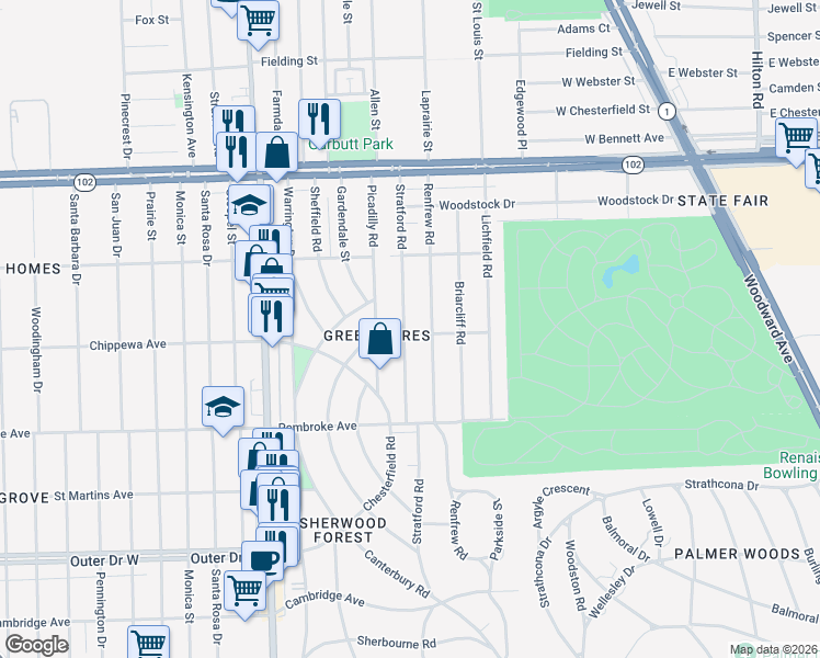 map of restaurants, bars, coffee shops, grocery stores, and more near 20102 Stratford Road in Detroit