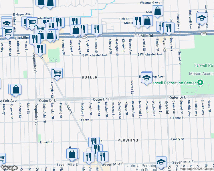 map of restaurants, bars, coffee shops, grocery stores, and more near 19939 Mitchell Street in Detroit