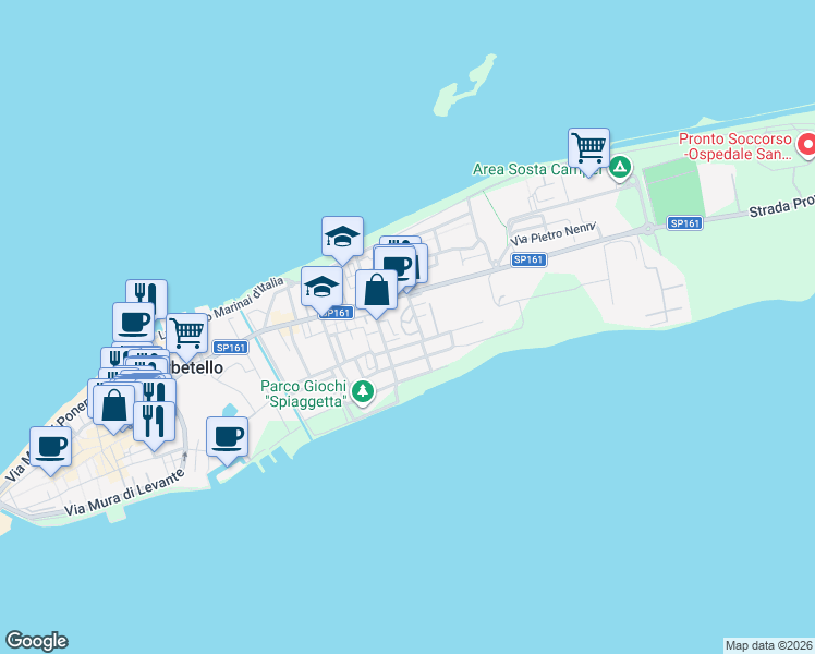 map of restaurants, bars, coffee shops, grocery stores, and more near 20A Via Pola in Orbetello