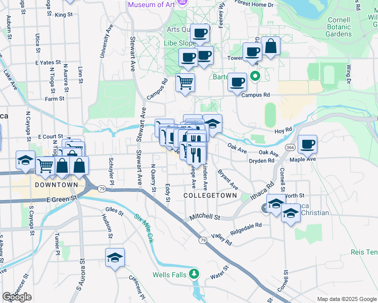 map of restaurants, bars, coffee shops, grocery stores, and more near 100 Dryden Road in Ithaca