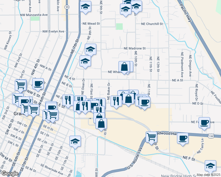 map of restaurants, bars, coffee shops, grocery stores, and more near 424 Northeast Baker Drive in Grants Pass