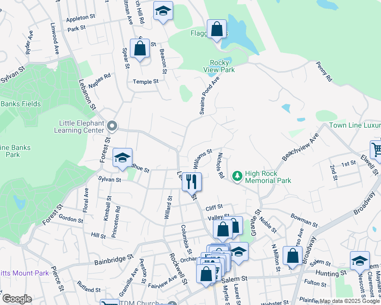 map of restaurants, bars, coffee shops, grocery stores, and more near 27 Williams Street in Malden