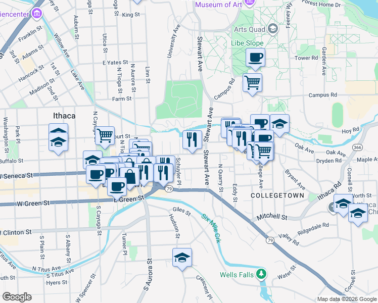 map of restaurants, bars, coffee shops, grocery stores, and more near 512 East Seneca Street in Ithaca
