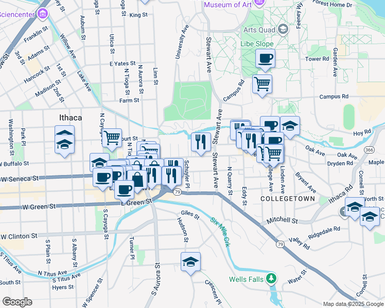 map of restaurants, bars, coffee shops, grocery stores, and more near 512 East Seneca Street in Ithaca