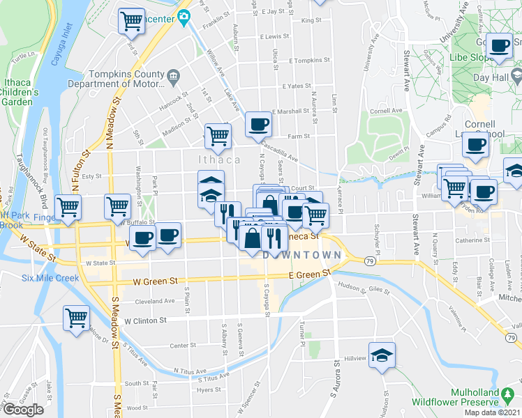 map of restaurants, bars, coffee shops, grocery stores, and more near 113-13.5 West Buffalo Street in Ithaca