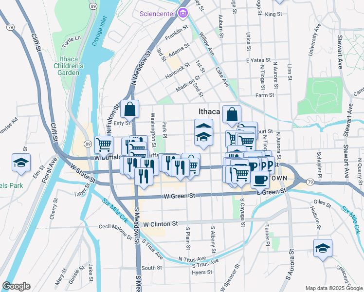 map of restaurants, bars, coffee shops, grocery stores, and more near 409 West Buffalo Street in Ithaca