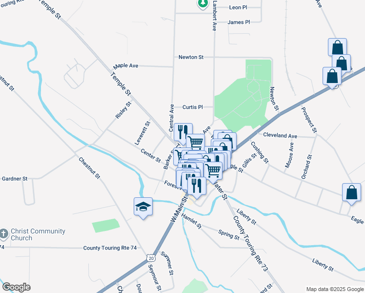map of restaurants, bars, coffee shops, grocery stores, and more near 38 Temple Street in Fredonia