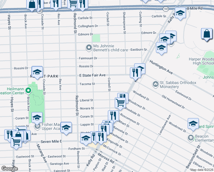 map of restaurants, bars, coffee shops, grocery stores, and more near 16300 Manning Avenue in Detroit