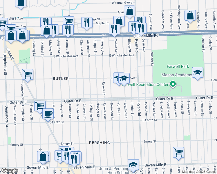 map of restaurants, bars, coffee shops, grocery stores, and more near 19930 Revere Street in Detroit