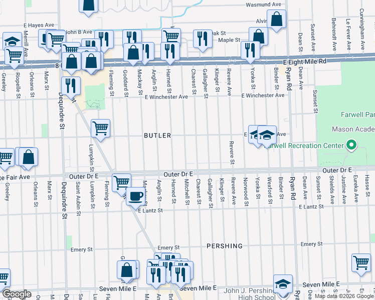 map of restaurants, bars, coffee shops, grocery stores, and more near 19939 Mitchell Street in Detroit