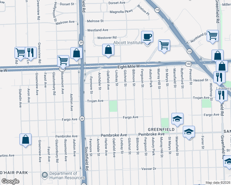map of restaurants, bars, coffee shops, grocery stores, and more near 20200 Oakfield Avenue in Detroit