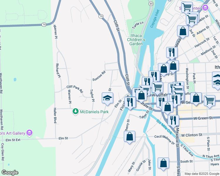 map of restaurants, bars, coffee shops, grocery stores, and more near 111 Chestnut Street in Ithaca