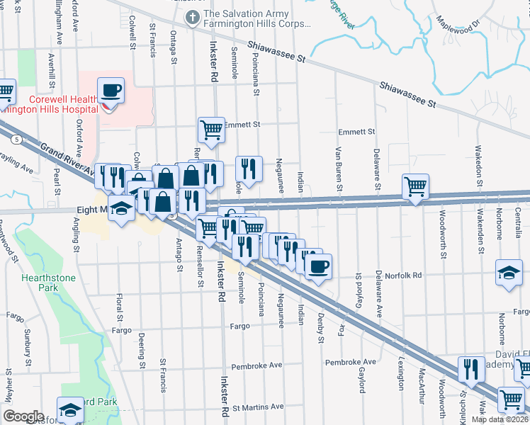 map of restaurants, bars, coffee shops, grocery stores, and more near 20541 Poinciana Street in Redford Charter Township