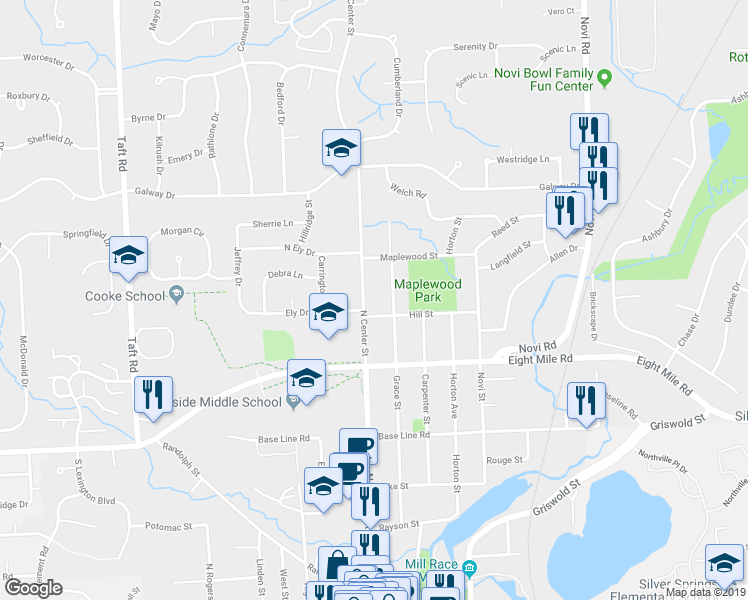 map of restaurants, bars, coffee shops, grocery stores, and more near 930 North Center Street in Northville