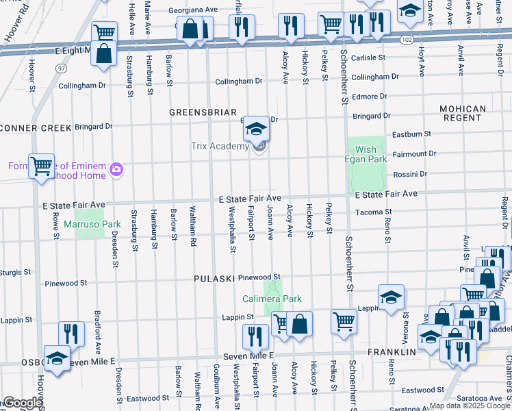map of restaurants, bars, coffee shops, grocery stores, and more near 19786 Fairport Street in Detroit