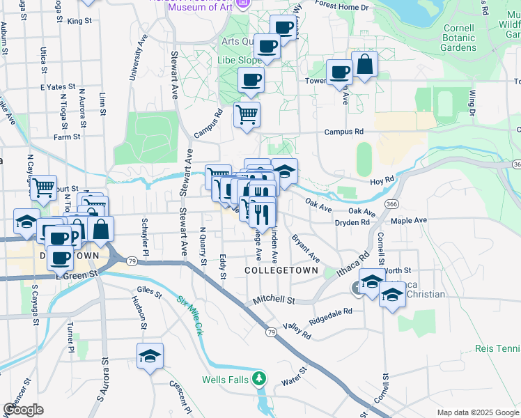 map of restaurants, bars, coffee shops, grocery stores, and more near 301 College Avenue in Ithaca