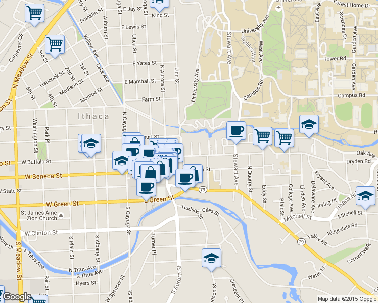 map of restaurants, bars, coffee shops, grocery stores, and more near 406 East Buffalo Street in Ithaca
