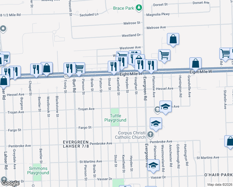 map of restaurants, bars, coffee shops, grocery stores, and more near 20252 Stout Street in Detroit
