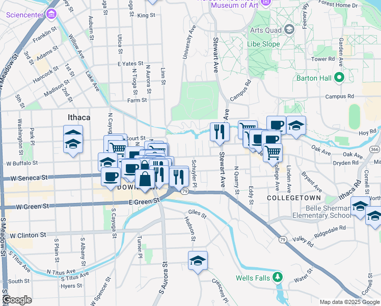 map of restaurants, bars, coffee shops, grocery stores, and more near 426 East Buffalo Street in Ithaca