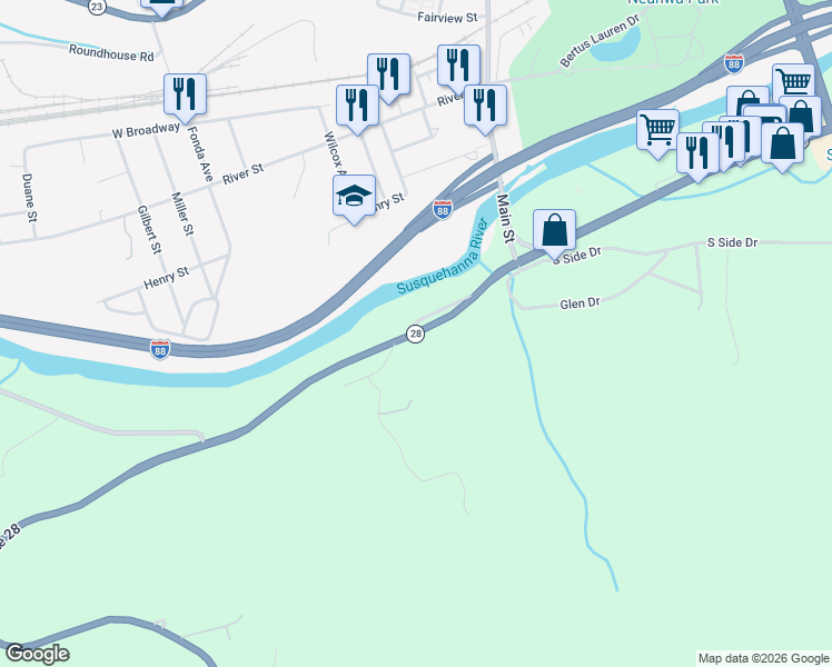 map of restaurants, bars, coffee shops, grocery stores, and more near 565 New York 28 in Oneonta