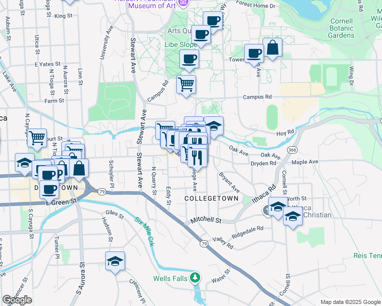 map of restaurants, bars, coffee shops, grocery stores, and more near 301 College Avenue in Ithaca