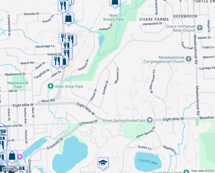 map of restaurants, bars, coffee shops, grocery stores, and more near 21077 Dundee Drive in Novi