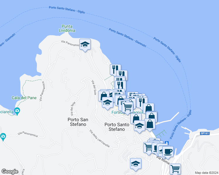 map of restaurants, bars, coffee shops, grocery stores, and more near 28 Via Aia del Dottore in Porto Santo Stefano
