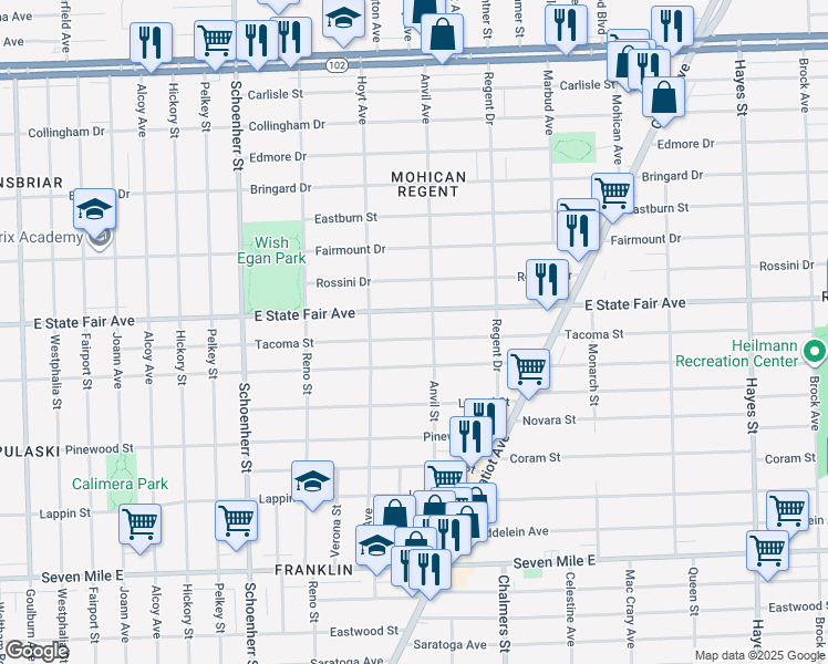map of restaurants, bars, coffee shops, grocery stores, and more near 14063 East State Fair Avenue in Detroit