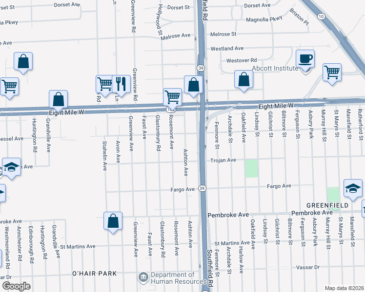 map of restaurants, bars, coffee shops, grocery stores, and more near 20315 Ashton Avenue in Detroit
