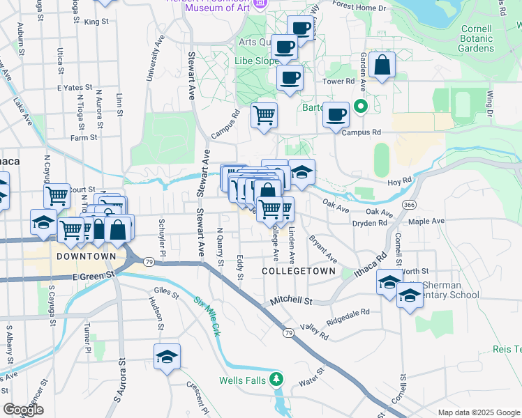 map of restaurants, bars, coffee shops, grocery stores, and more near 110 Dryden Road in Ithaca