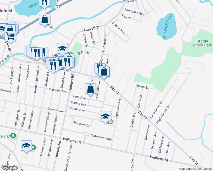 map of restaurants, bars, coffee shops, grocery stores, and more near 335 Elm Street in Pittsfield