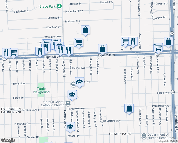 map of restaurants, bars, coffee shops, grocery stores, and more near 20511 Huntington Road in Detroit