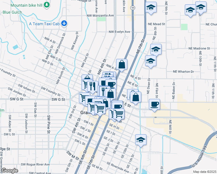 map of restaurants, bars, coffee shops, grocery stores, and more near 124 Northwest D Street in Grants Pass