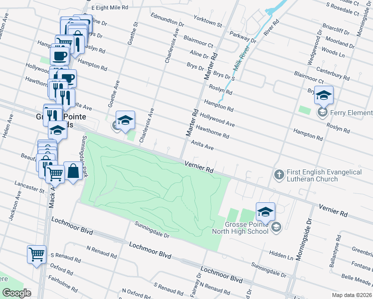 map of restaurants, bars, coffee shops, grocery stores, and more near 1292 Anita Avenue in Grosse Pointe Woods