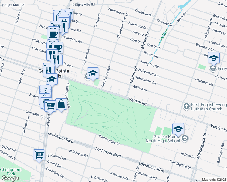 map of restaurants, bars, coffee shops, grocery stores, and more near 20729 Wicks Lane in Grosse Pointe Woods