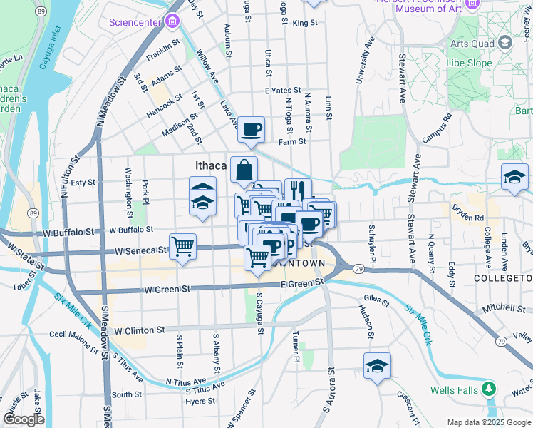 map of restaurants, bars, coffee shops, grocery stores, and more near 305 North Cayuga Street in Ithaca