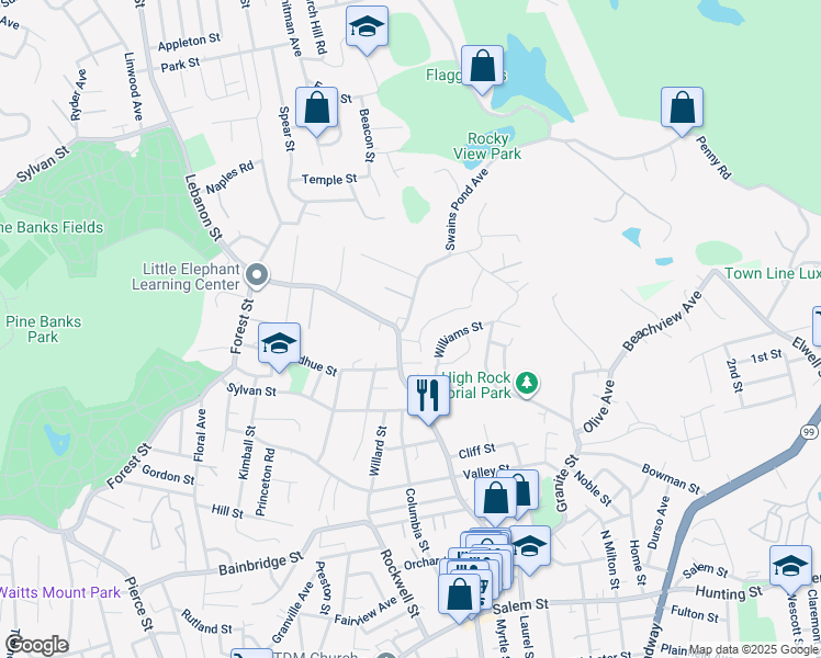 map of restaurants, bars, coffee shops, grocery stores, and more near 4 Swains Pond Avenue in Melrose