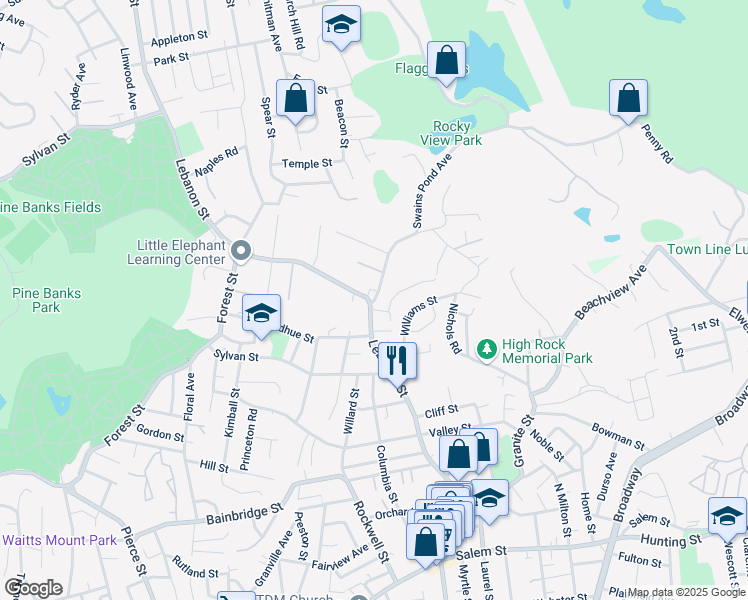 map of restaurants, bars, coffee shops, grocery stores, and more near 4 Swains Pond Avenue in Melrose