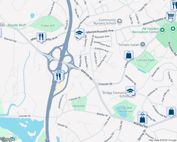 map of restaurants, bars, coffee shops, grocery stores, and more near 86 School Street in Lexington