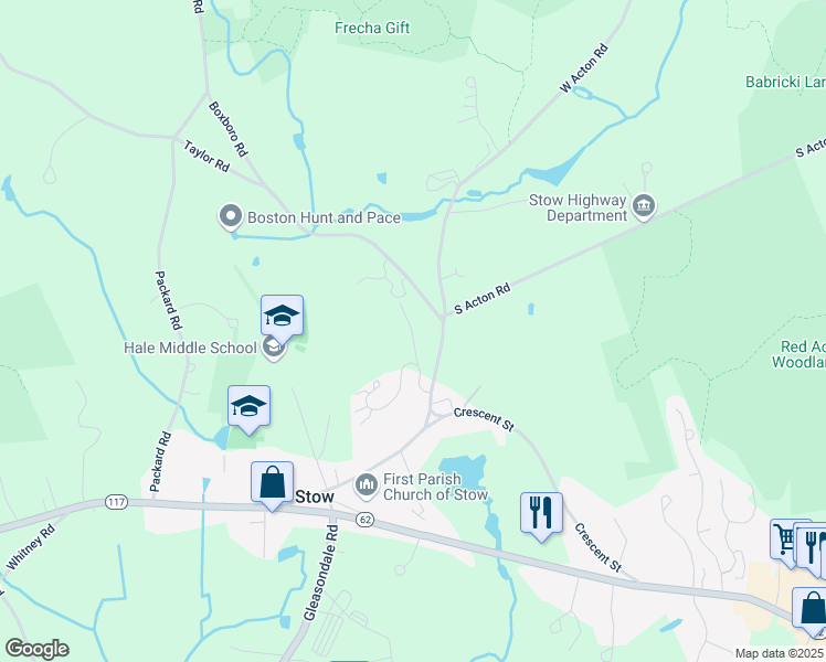 map of restaurants, bars, coffee shops, grocery stores, and more near 17 Boxboro Road in Stow