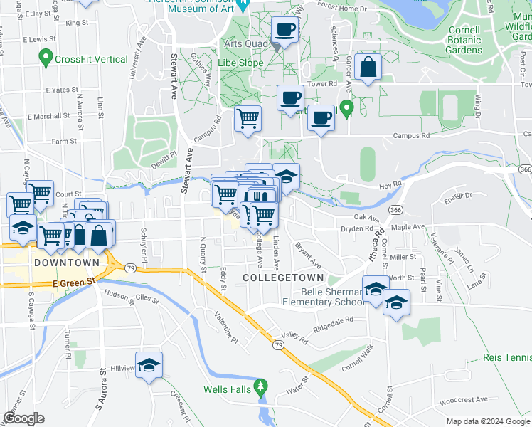 map of restaurants, bars, coffee shops, grocery stores, and more near 403 College Avenue in Ithaca