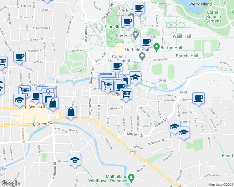 map of restaurants, bars, coffee shops, grocery stores, and more near 115 Cascadilla Place in Ithaca
