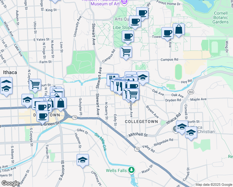 map of restaurants, bars, coffee shops, grocery stores, and more near 115 Cascadilla Place in Ithaca