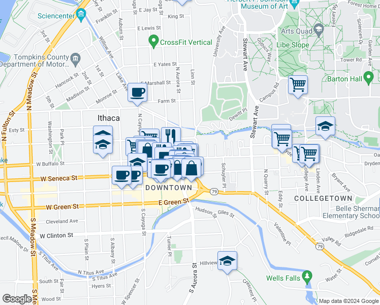 map of restaurants, bars, coffee shops, grocery stores, and more near 319 North Aurora Street in Ithaca